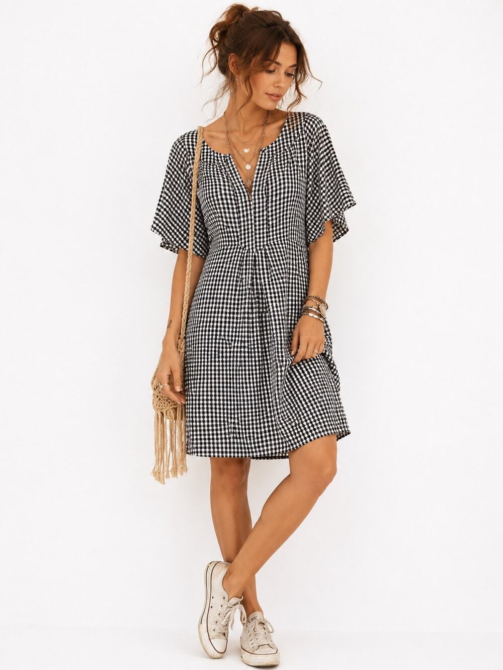 Tuckernuck Pomander Place Finley Flutter Sleeve Dress Black Gingham Small